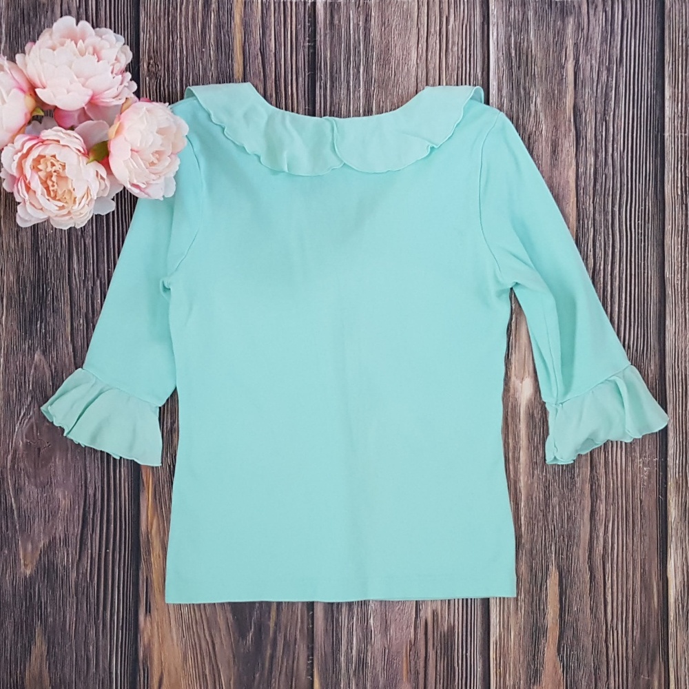Barbara Lesser, Ruffle Trim V-Neck Top, Green, M - Picture 4 of 7